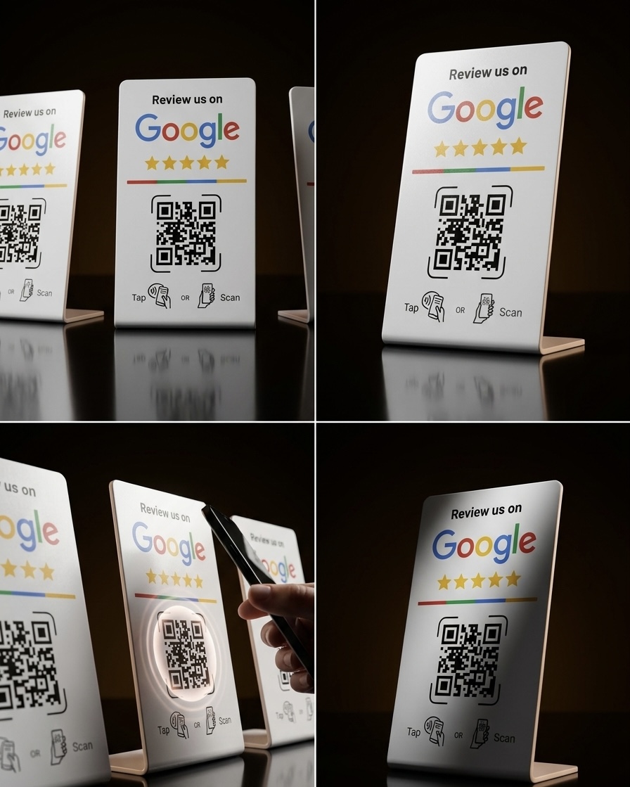 Närbild på flera Google Review NFC-ställ