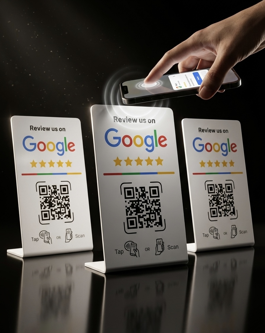 Kund håller mobilen mot ett Google Review NFC-ställ
